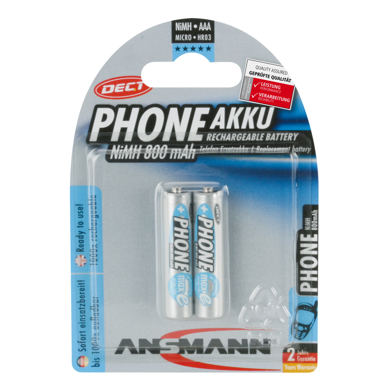 Ansmann Telefon-NiMH-Ersatzakku- ready2use- Micro AAA- 800mAh-HR03- 2er-Pack
