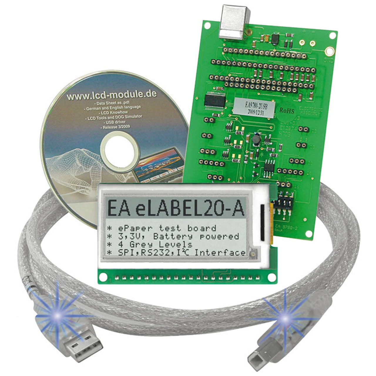 Electronic Assembly ePaper Display EA EVALEPA20-A- 172 x 72 Pixel- mit Ansteuerung und USB-Interface