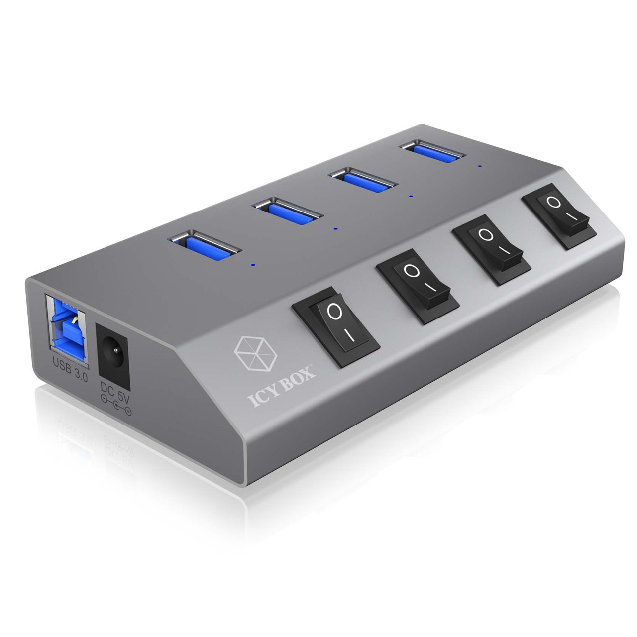ICY BOX aktiver 4-Port-USB-3-0-Hub IB-HUB1405- An-Ausschalter f黵 jeden Port- bis zu 5 Gbit-s