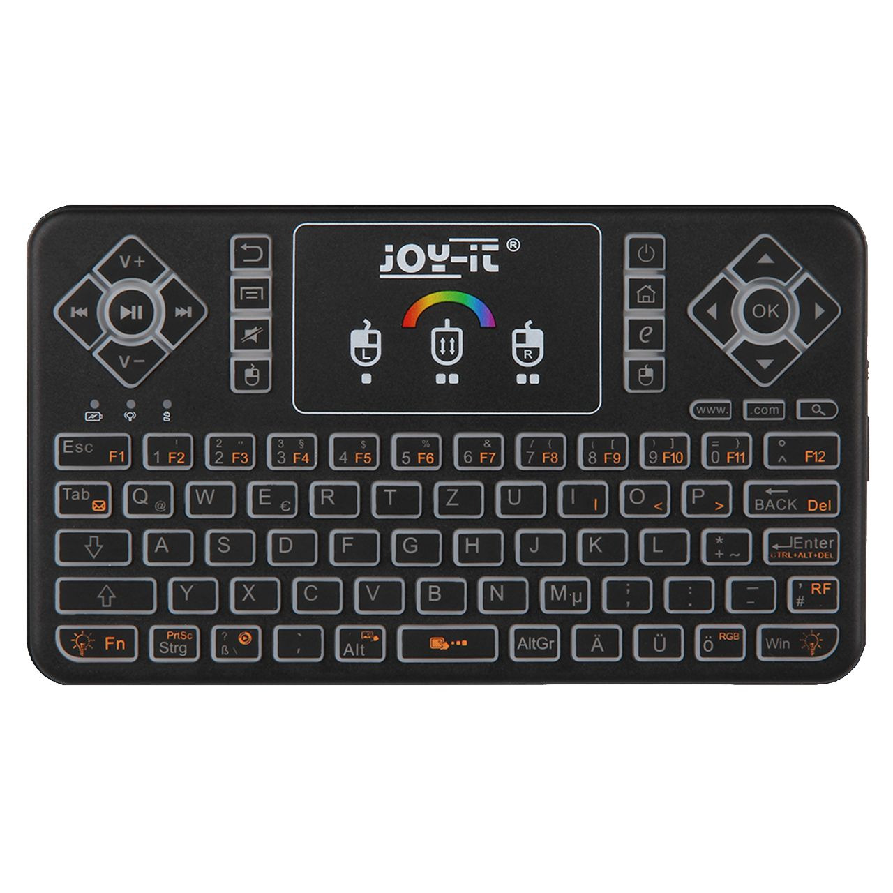 Joy-IT Mini Wireless-Tastatur mit integriertem Maus-Touchpad und RGB-Beleuchtung- 2-4 GHz- QWERTZ
