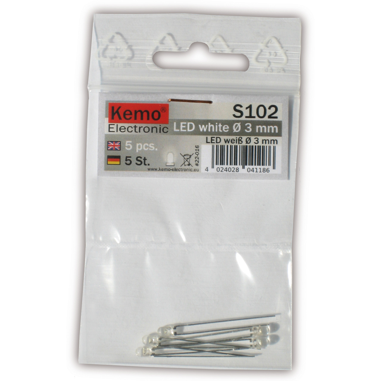 Kemo LED-Sortiment S102- weiss- 3 mm Durchmesser- 5 Stück
